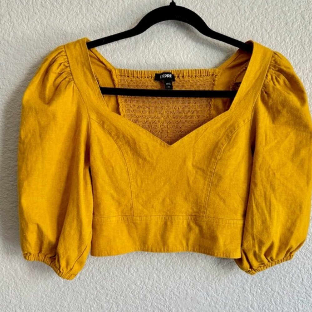 contemporary Women's Yellow Puff Sleeve linen Top crop with stretch back